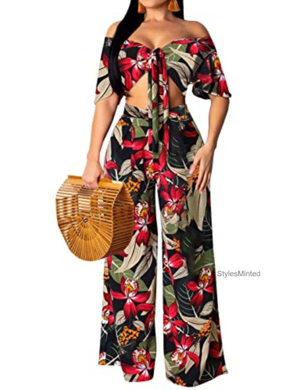 Women's Floral Two-Piece Swimsuit Cover-Up Set V-Neck Sleeveless Jumpsuit